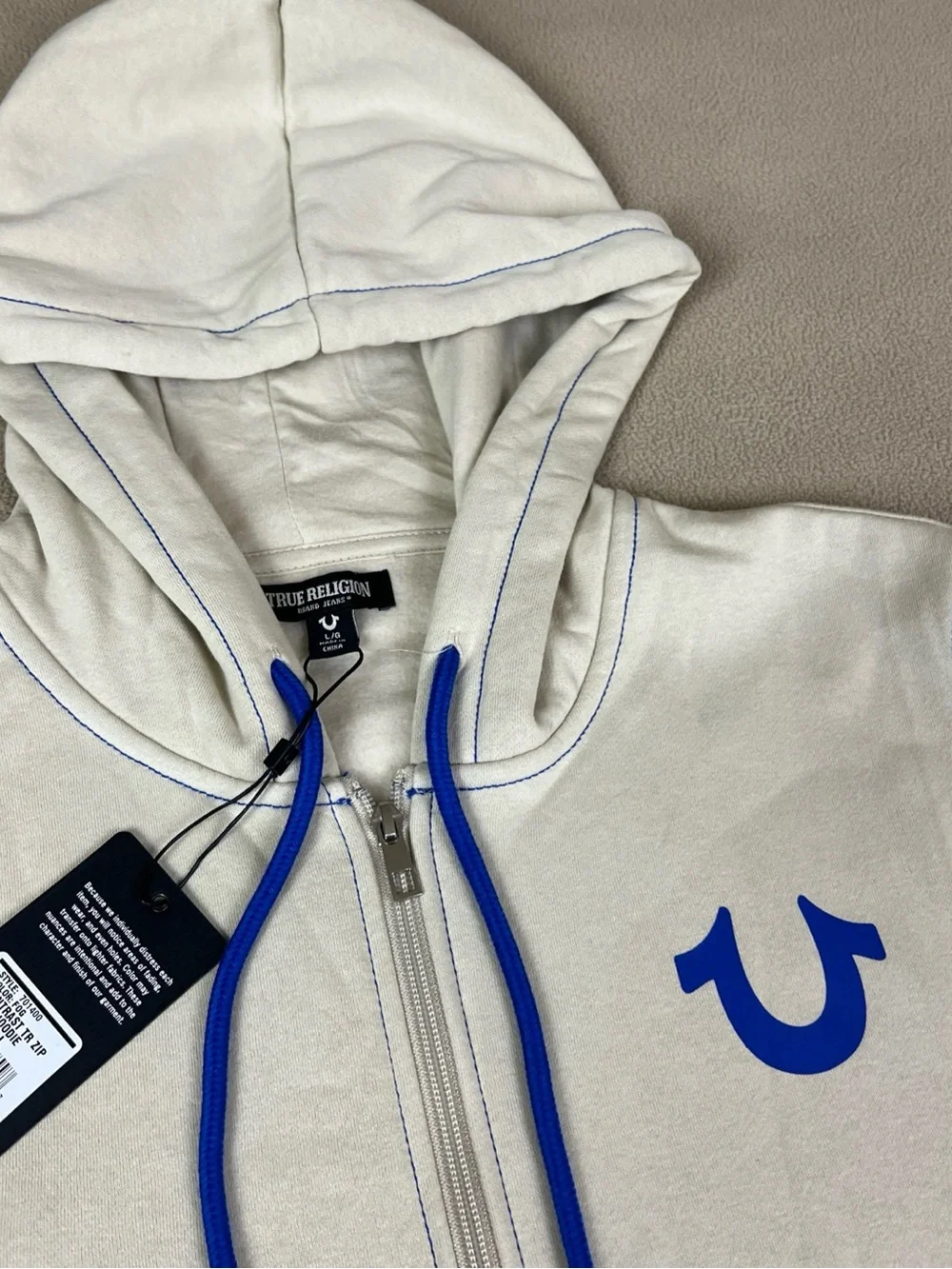 True Religion Contrast TR Full Zip Hoodie, Buddha Logo. Fog Beige. Sz Large